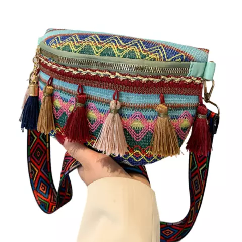 Handige Crossbody Canvas Schoudertas Heuptas Festivaltasje met Kwastdecoratie