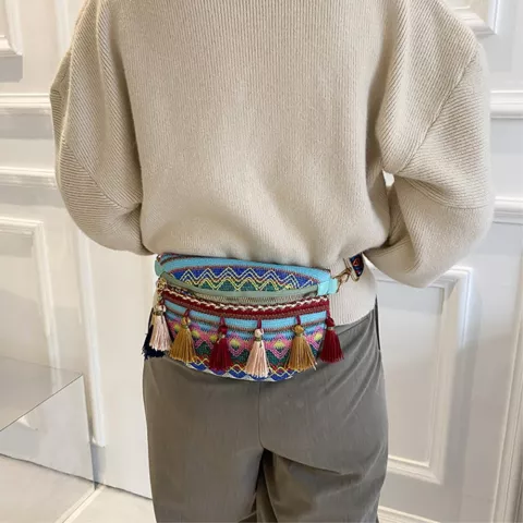 Handige Crossbody Canvas Schoudertas Heuptas Festivaltasje met Kwastdecoratie