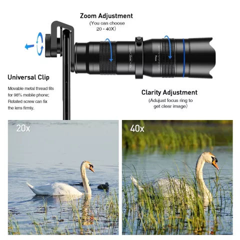 Apexel Professionele 20-40x Zoom Telelens Smartphone Telefoon Camera Lens met Statief