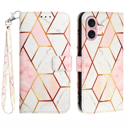 Rose Marble Wallet kunstleer hoesje geschikt voor iPhone 16 - wit en roze