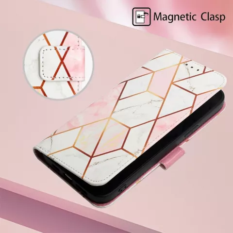 Rose Marble Wallet kunstleer hoesje geschikt voor iPhone 16 Pro - wit en roze