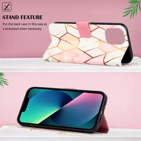 Rose Marble Wallet kunstleer hoesje geschikt voor iPhone 16 Pro - wit en roze