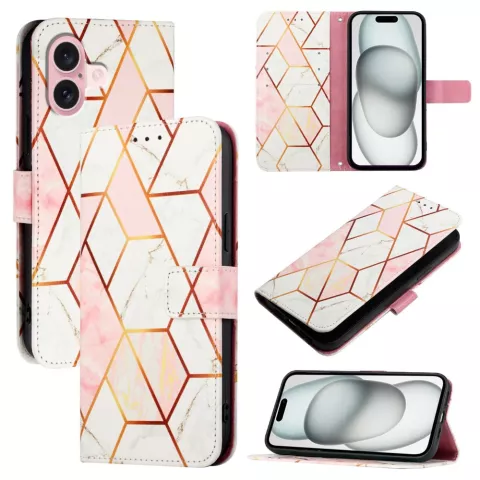 Rose Marble Wallet kunstleer hoesje geschikt voor iPhone 16 Plus - wit en roze