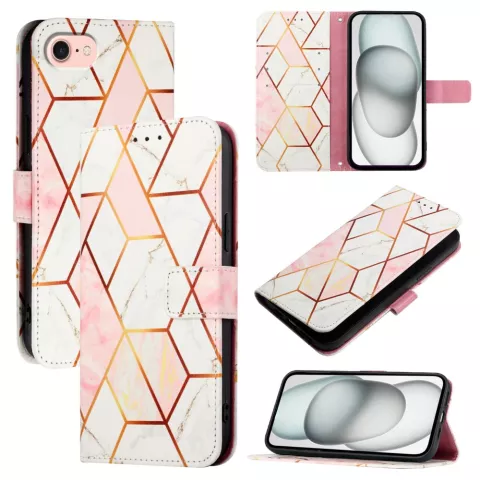 Rose Marble Wallet kunstleer hoesje geschikt voor iPhone 16e - wit en roze