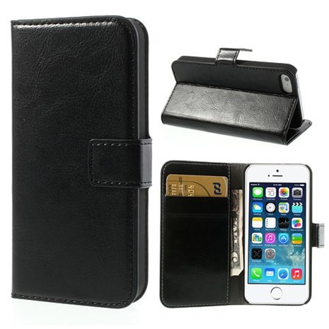 Uitdaging Authenticatie Treinstation Zwarte lederen Bookcase hoesje en portemonnee iPhone 5 5s SE 2016 Cover leer  Wallet